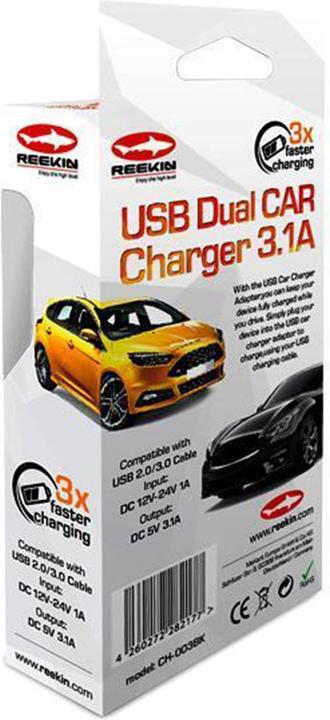 Actual product image Reekin Dual USB car charger 3.1 A (with ampere indicator), ch-003bk