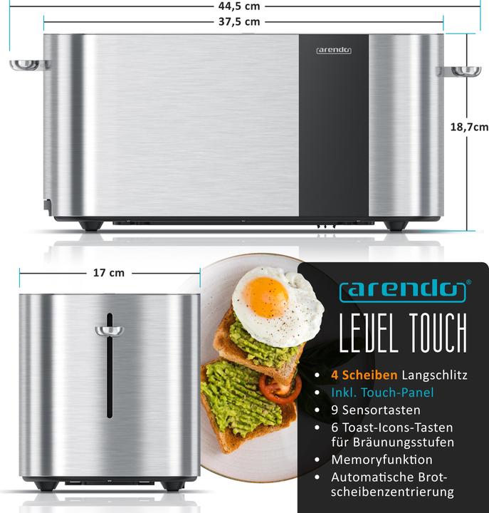 Image du produit Arendo Toaster Edelstahl 4 Scheiben Langschlitz, Touch Display, Restzeit & Bräunungsgradanzeige, 1500 W (Prise UE)
