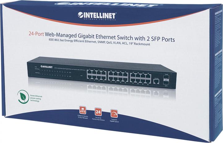 Produktbild Intellinet 24-Port Web-Managed Gigabit Ethernet Switch mit 2 SFP Ports 24 x 10/100/1000 Mbit/s RJ45 Ports +... (24 Ports)