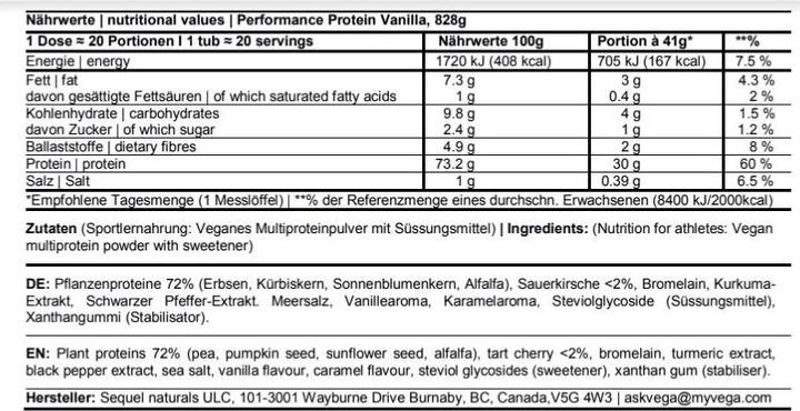 Nährwerte und Zutaten Performance Protein (Erdnuss, Vanille, Schokolade, 1 Stk., 828 g)