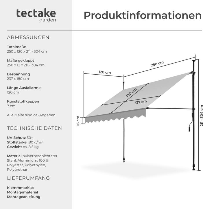 Actual product image tectake Klemmmarkise (2.50 m)