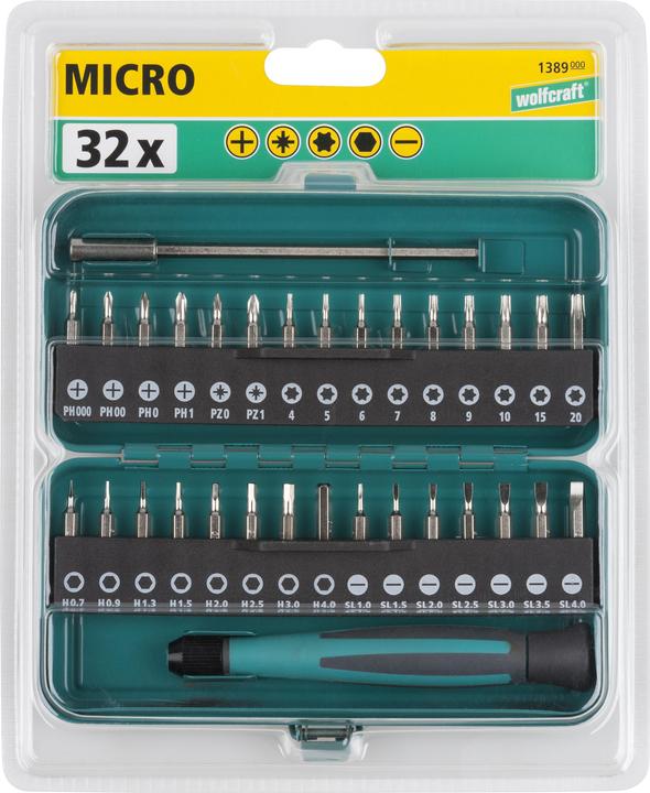 Produktbild wolfcraft wolfcraft 1 Micro Bit-Box Solid 32-tlg. (Kreuz Phillips PH M1, Innensechsrund TX M5, Kreuz Phillips PH M0, Kreuz Pozidriv PZ M1, Innensechsrund TX M10, Innensechsrund TX M15, Innensechsrund TX M20, Kreuz Phillips PH M000, Kreuz Phillips PH M00, Kreuz Pozidriv PZ M0, Innensechsrund TX M4, Innensechsrund TX M6, Innensechsrund TX M7)
