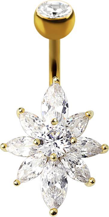 Star Piercing Banane 14k vergoldet mit Kugel Kristall silber Kristallblume (Messing, Chirurgenstahl 316L)