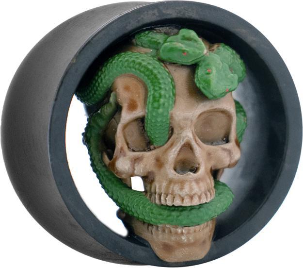 Produktbild Star Piercing Flared Tunnel schwarz Totenkopf mit Schlange links (Chirurgenstahl 316L, ohne Messing)