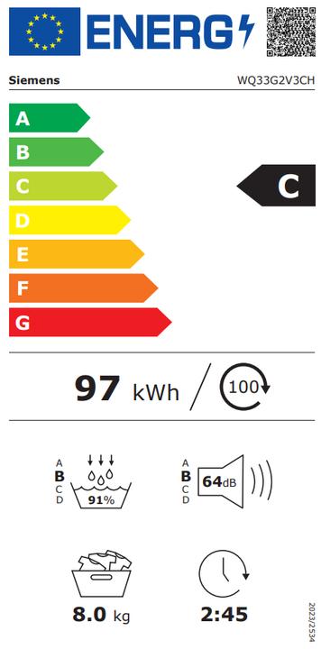 Energie-Label Siemens WQ33G2V3CH 8kg Wärmepumpentrockner A+++ (8 kg, Rechts, CH-Stecker)