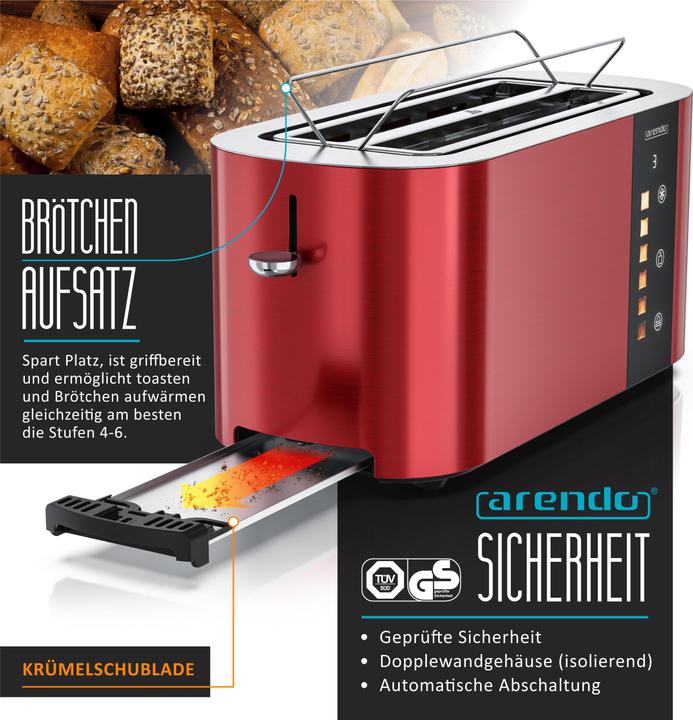 Produktbild Arendo Toaster Edelstahl 4 Scheiben Langschlitz, Bräunungsgrad & Restzeitanzeige, Touch Display, 1500 W (EU-Stecker)