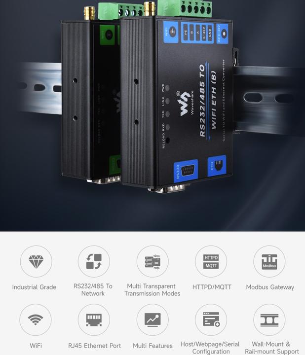 Produktbild WaveShare Industrieller serieller Server RS232/485 zu WiFi oder Ethernet PoE (B)