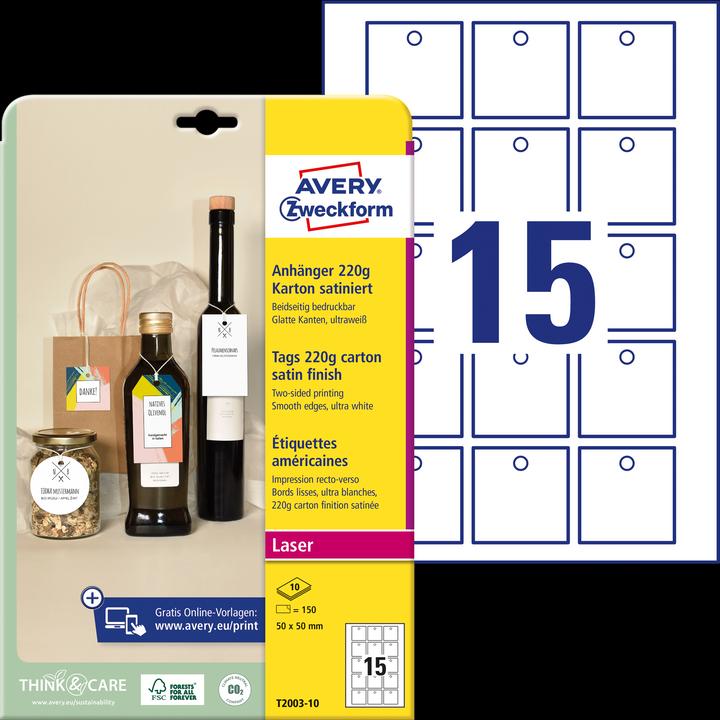 Produktbild Avery Zweckform Anhänger, Karton, 220 g/qm, 50 x 50 mm, weiss satiniert, absolut glatte Kanten, beidseitig