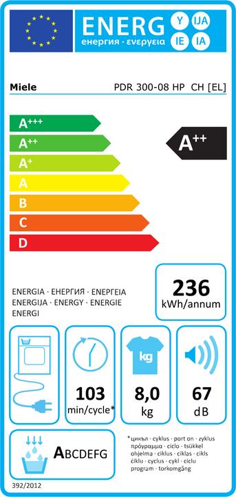 Label énergétique Miele PDR 300-08 CH HP 11643620 (8 kg, Gauche)