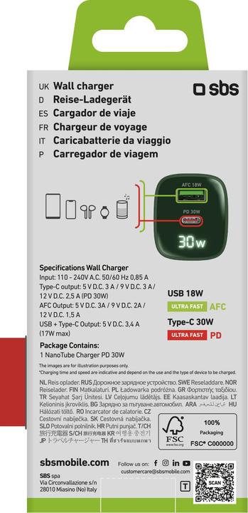 Label énergétique SBS Chargeur mural avec écran LCD, 1 sortie USB-C-PD-30W, 1 sortie USB-A-18W (30 W)