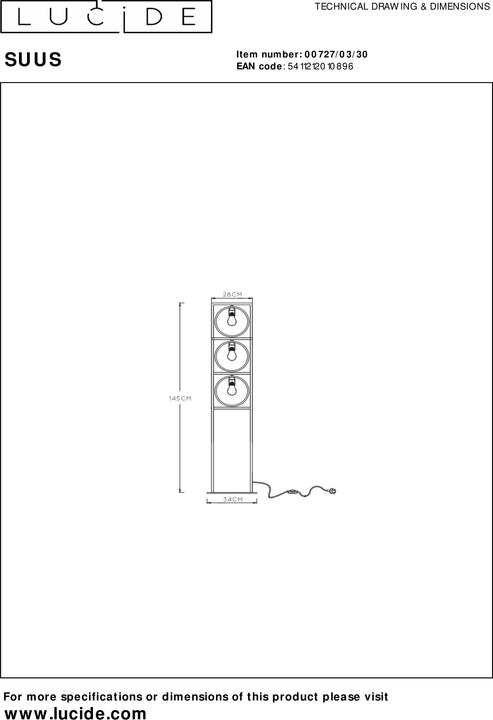 Image du produit Lucide SUUS - Lampadaire - 3xE27 - Noir 00727/03/30 (E27)
