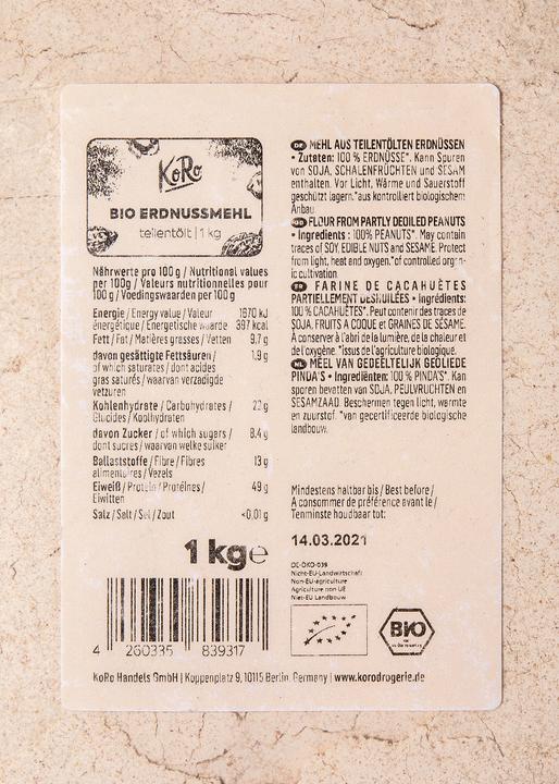 Nährwerte und Zutaten KoRo Bio Erdnussmehl teilentölt (1000 g)