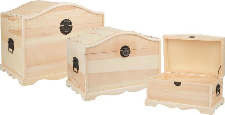Actual product image VBS Round-lidded chests, set of 3, pine wood, approx. 50 x 35 x 40, 44 x 29 x 32, 38 x 23 x 24 cm (50 x 35 x 40 cm)