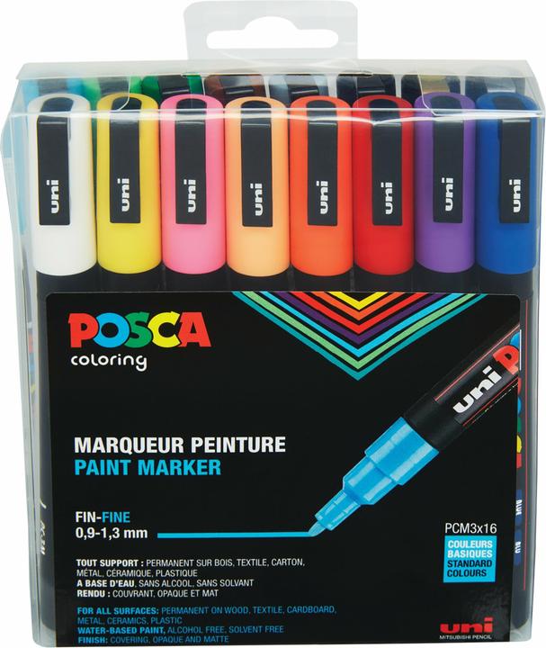 Posca Crayon feutre PC-3M Set de 16 pièces (Multicolore, 1.30 mm, 16 x)