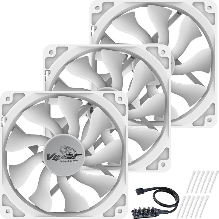 Actual product image Akasa Wentylator ventilátor Viper, Baltas Fan 12cm, 120x120x25mm, HDB, 4 pin PWM, 3ks v balení (120 mm, 3 x)