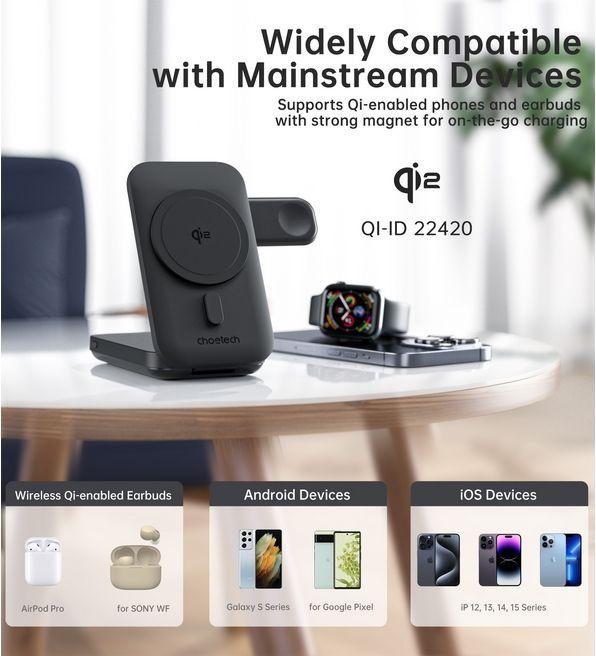 Actual product image Choetech 3in1 Qi2 MagSafe wireless charger and power bank (15 W)