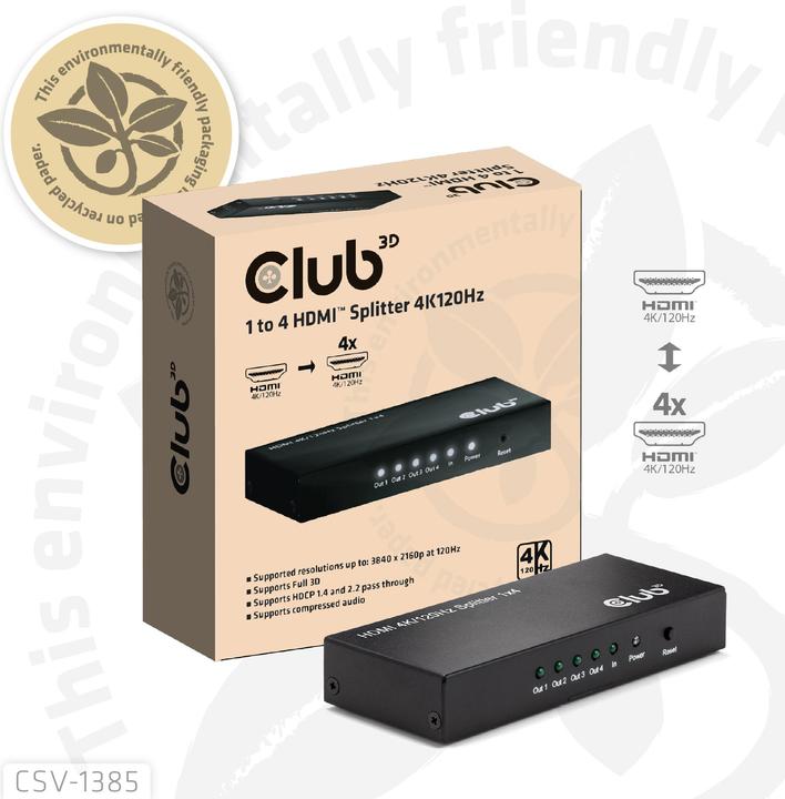 Produktbild Club 3D Club3D HDMI Splitter 1 Eingang -> 4 Ausgänge 4K120Hz UHD retail