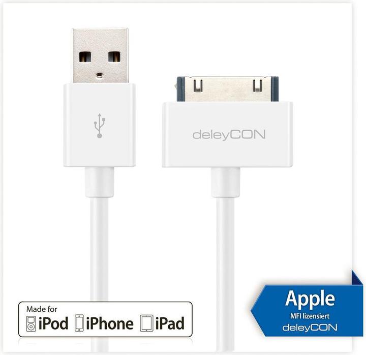 Produktbild deleyCON 30Pin Dock-USB Kabel 2m, weiss (2 m, USB 2.0)