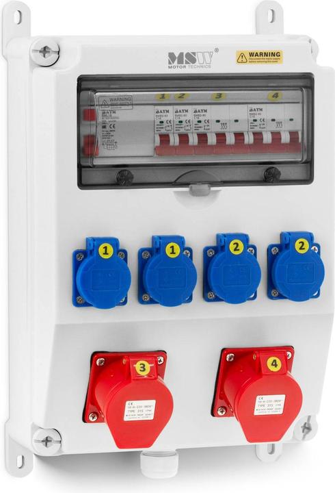Produktbild MSW Stromverteiler 4 x Schuko 2 x CEE-Steckdosen FI-/ 4 Leitungsschutzschalter (CEE 32/3, CEE 7/3)