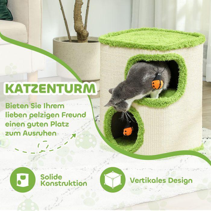 Produktbild Swisshandel24 Kratztonne, 52 cm hoch Katzentonne mit 2 Höhle, Kratzbaum für Katze bis 5 kg (52 cm, Grün+Cremeweiss)