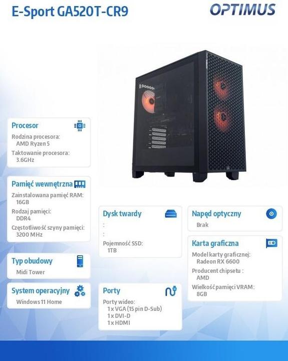 Produktbild Optimus Computer E-Sport GA520T-CR9 Ryzen 5 3600/16GB/1TB/RX 6600 8GB/W11H (AMD Ryzen 5 3600, 16 GB, 1000 GB, Radeon RX 6600)