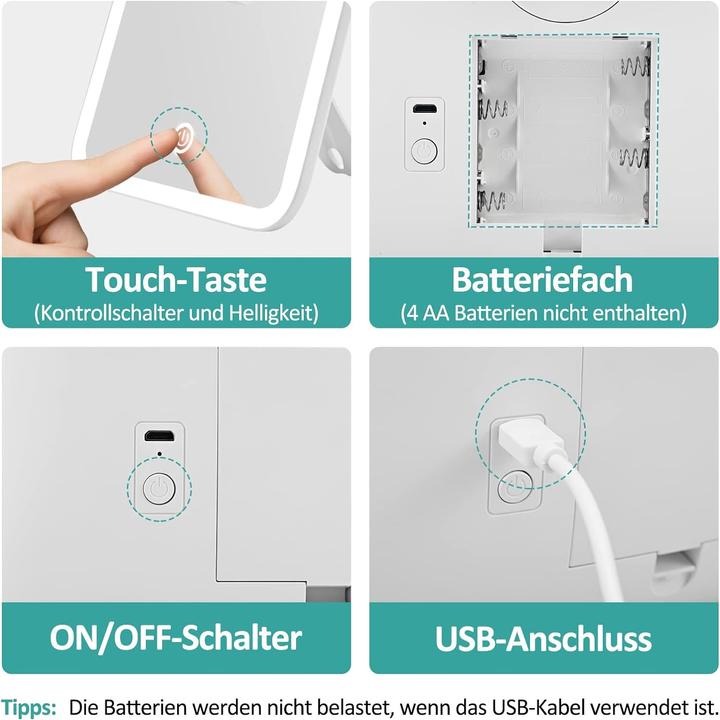 Produktbild Emke Kosmetikspiegel mit Beleuchtung, 1X+3X Vergrösserung, Kaltweiss(6000K), Batteriebetrieben