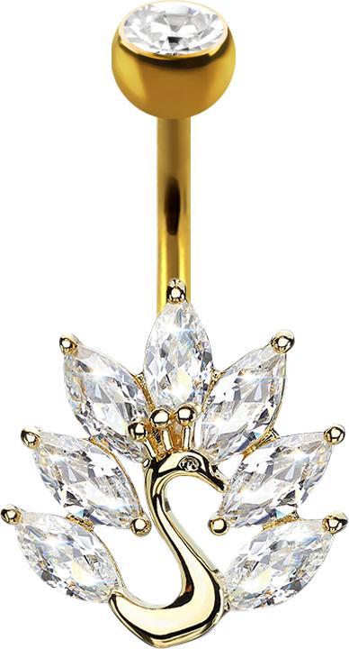 Star Piercing Banane 14k vergoldet mit Kugel Kristall silber Pfau (Messing, Chirurgenstahl 316L)