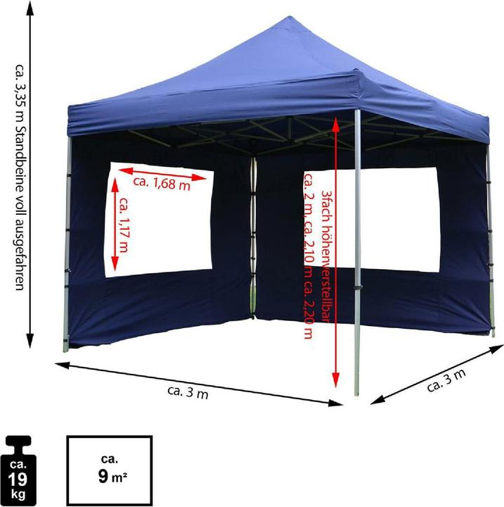 Produktbild VCM PROFI Falt Pavillon Partyzelt mit 2 Seitenteilen 3x3m blau wasserdichtes Dach (300 cm, 300 cm)