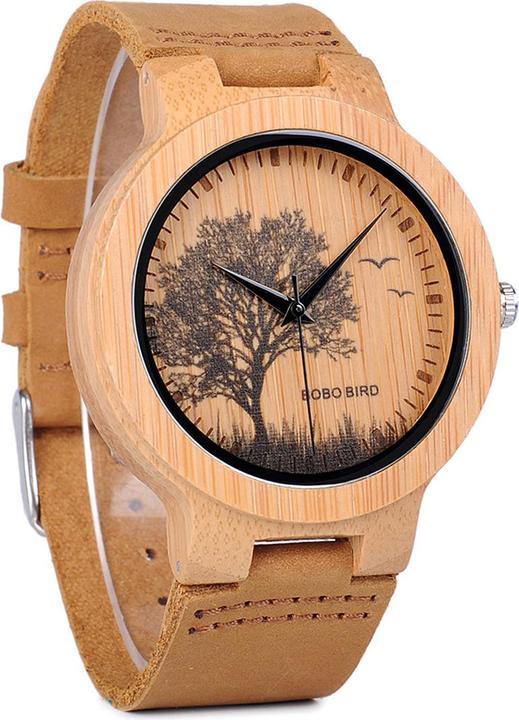Natura Punto Aparte Uhr aus Bambus mit Naturmotiv, Lederarmband
