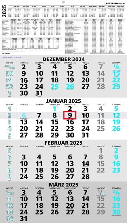 Actual product image 4-month calendar 2025 blue, 33x45cm, office calendar with annual overview, date slider (No binding, German)