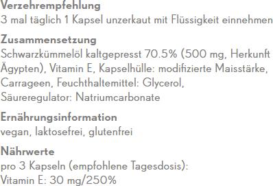 Valori nutrizionali e ingredienti Phytopharma Schwarzkümmelöl (1 Pezzo/i, Pillole, 160 g)
