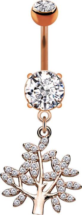 Star Piercing Banane rosegold mit zwei Kugeln Kristall silber Anhänger Lebensbaum (Messing, Chirurgenstahl 316L)