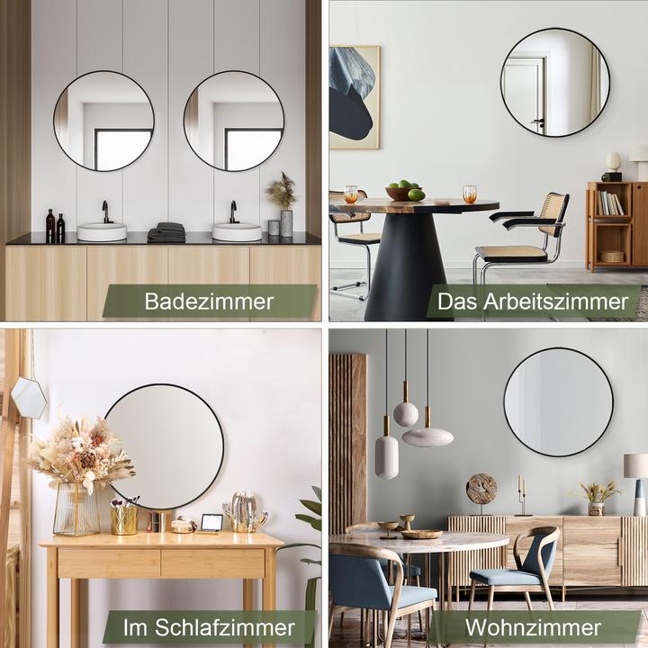 Produktbild SONNI runder Wandspiegel, 40 cm, schwarzer Aluminiumrahmen, Wandmontage, hochauflösender Glas-Kosmet