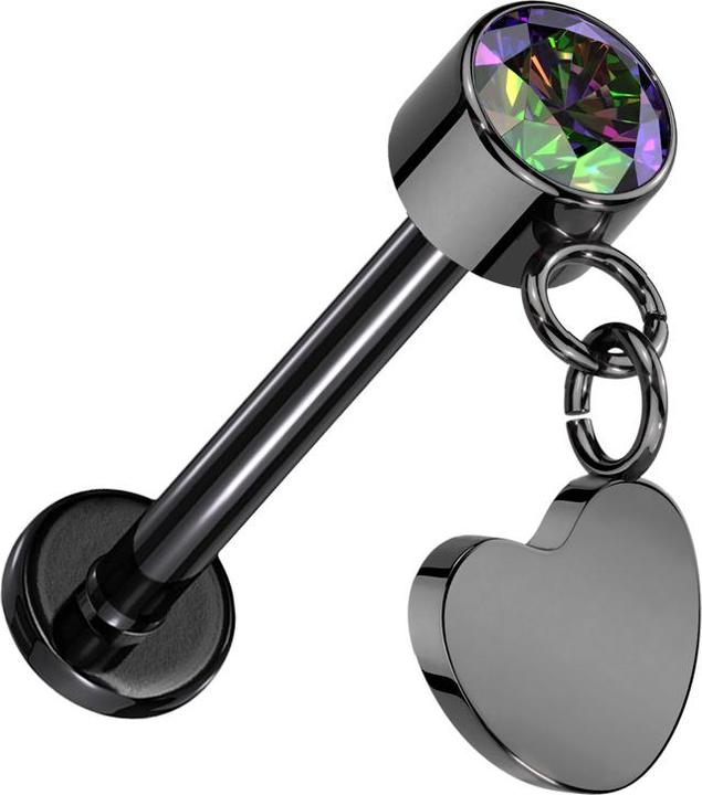 Star Piercing Micro Threadless Labret schwarz Zylinder schwarz Kristall dunkel multicolor Anhänger Herz schwarz (ohne Messing, Titan G23)