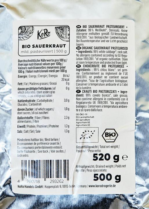 Nährwerte und Zutaten KoRo Bio Sauerkraut pasteurisiert (10000 g)