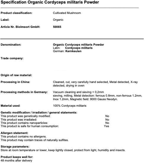 Valeurs nutritives et ingrédients Zimmerli Adaptogene Poudre de Cordyceps (BIO) (1 pièce(s), Poudre, 100 g)