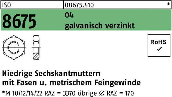 Productafbeelding Zeskantmoer ISO 8675 met afschuiningen M 8 x 1 Vrij snijdend staal, gegalvaniseerd (M8)