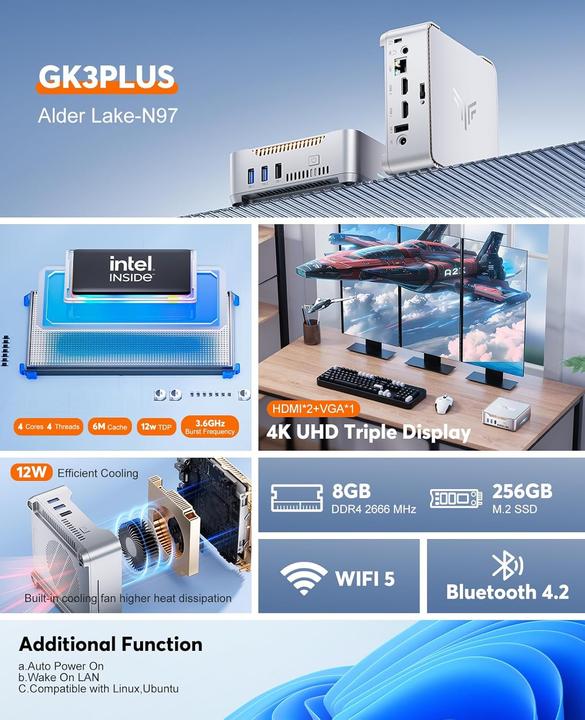 Image du produit NiPoGi GK3 Plus Mini PC mit Intel Alder Lake-N97 und 4K Triple Display (8.19 Go, 256 Go)