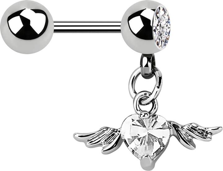 Star Piercing Micro Barbell mit Kugel und Anhänger Flügel Kristallherz silber (Chirurgenstahl 316L, ohne Messing)