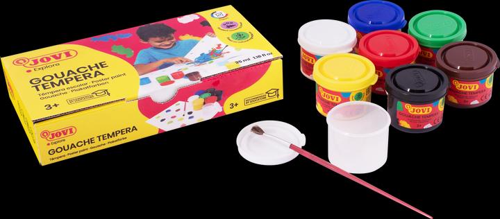 Produktbild Jovi Plakatfarbe Tempera Schuleset VE=7 Farben a 35ml + Pinsel (Gelb, Braun, Weiss, Schwarz, Rot, Blau, Grün, 245 ml)