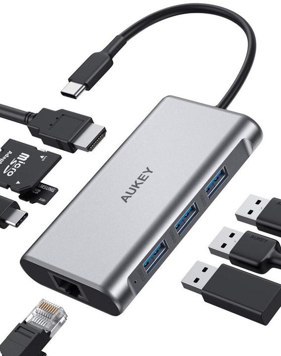 Aukey CB-C91 Interface Hub 5000 Mbit/s Black (USB-C, USB-A, 8 Ports)