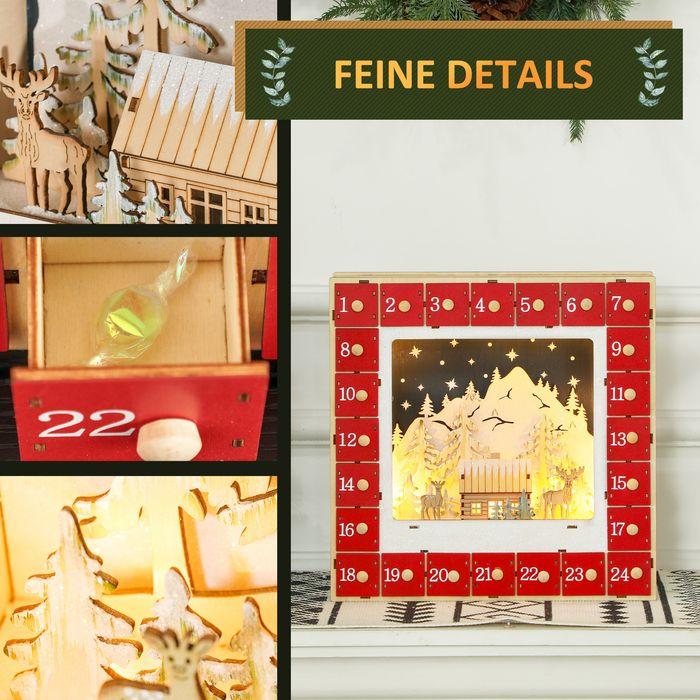 Produktbild Swisshandel24 Adventskalender Weihnachtskalender 24 Schubladen mit LED-Lichtern MDF Rot
