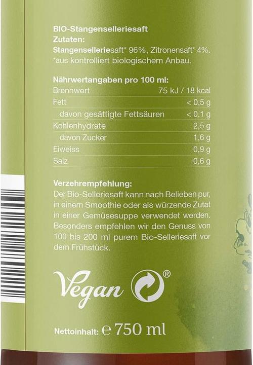 Valeurs nutritives et ingrédients Effective Nature Jus de céleri bio