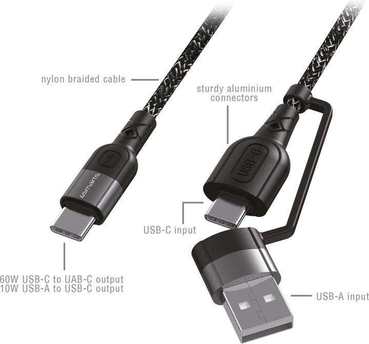 Image du produit 4smarts Câble de recharge USB USB-C -USB-A/C 1.5 m, monochrome, textile (1.50 m, USB 2.0, 60 W)