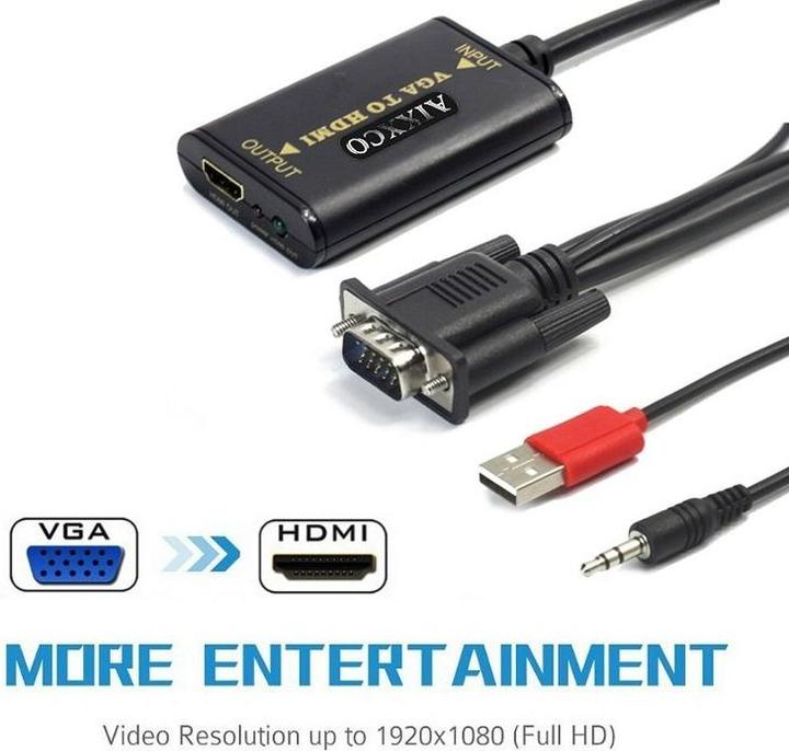 Produktbild JTI VGA-zu-HDMI-Konverter mit USB- und 3,5-mm-Kabeln
