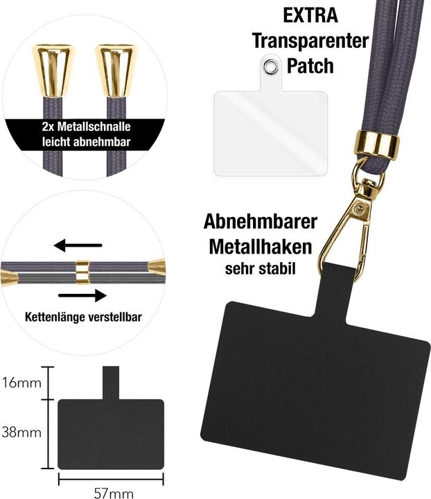 Immagine prodotto Nalia Handyband + Pad für Hülle zum Umhängen, Karabinerhaken Anhänger aus Metall (gold)