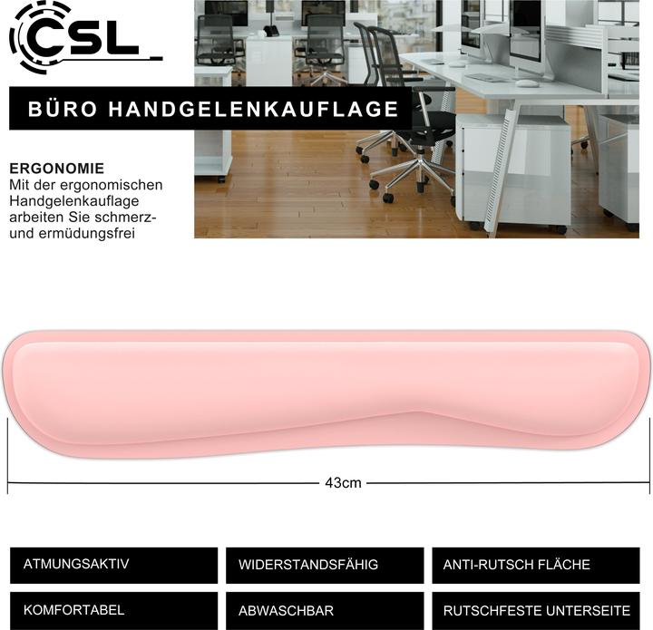 Immagine prodotto CSL Poggiapolsi per tastiera, poggiapolsi per tastiera da 43 cm, postura ergonomica, lavabile, rosa