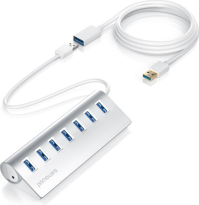 Produktbild Primewire 7 Port USB 3.2 Hub mit Netzteil,USB Hub gebürstetes Aluminium-Gehäuse (USB-A, 7 Ports)