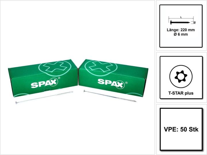 Produktbild Spax HI.FORCE Tellerkopf Schraube 6,0 x 220 mm 50 Stk. ( 0251010602205 ) Torx T-Star Plus T30 (1 Schrauben pro Stück)