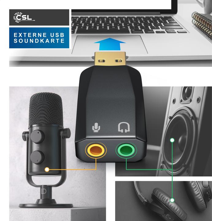 Produktbild CSL USB Soundkarte 5.1 Kanäle, Extern, 5.1 Virtual Surround, Line-Out & Mikrofon-In Anschlüsse, schwarz (USB 2.0)